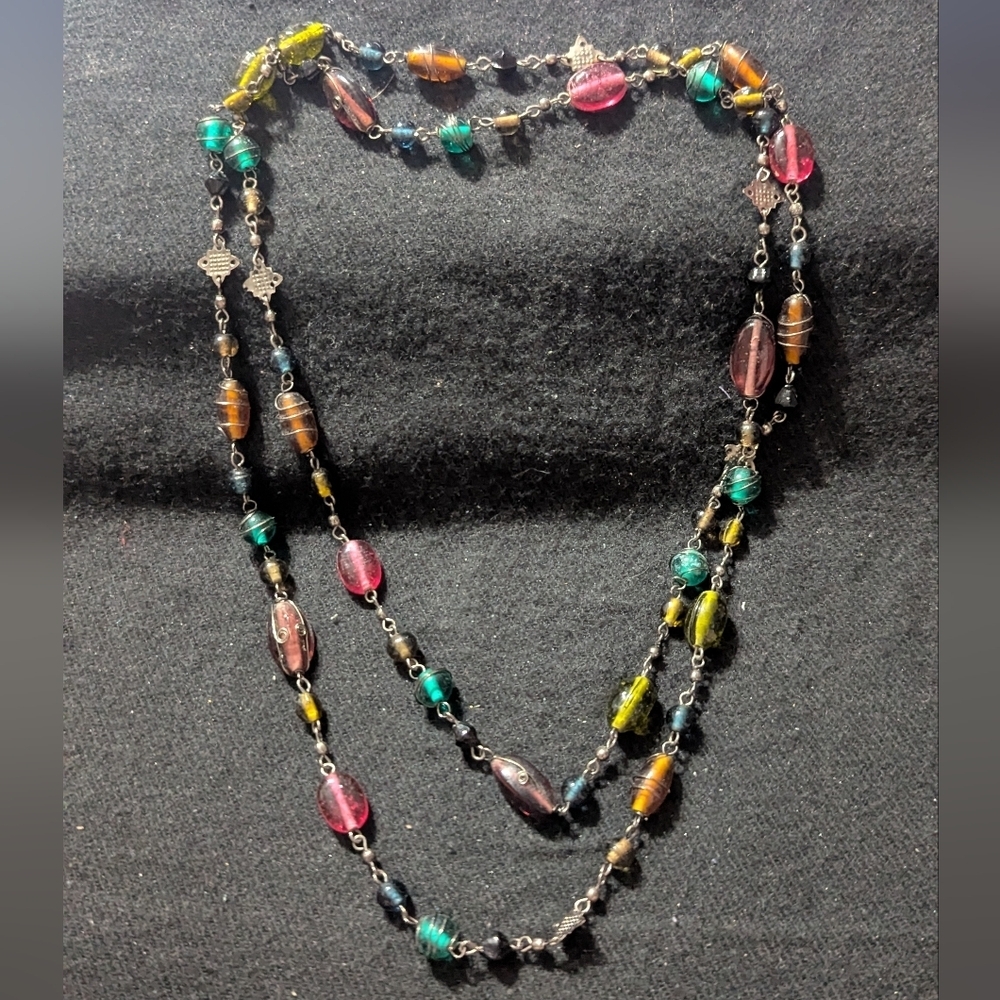 Gunmetal Black Pink Purple Blue Brown Wire Wrapped Beaded Statement Necklace